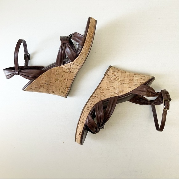 Aldo Brown Leather Wedge Sandals Cork Heel Ankle Strap Size 38 - Picture 15 of 16